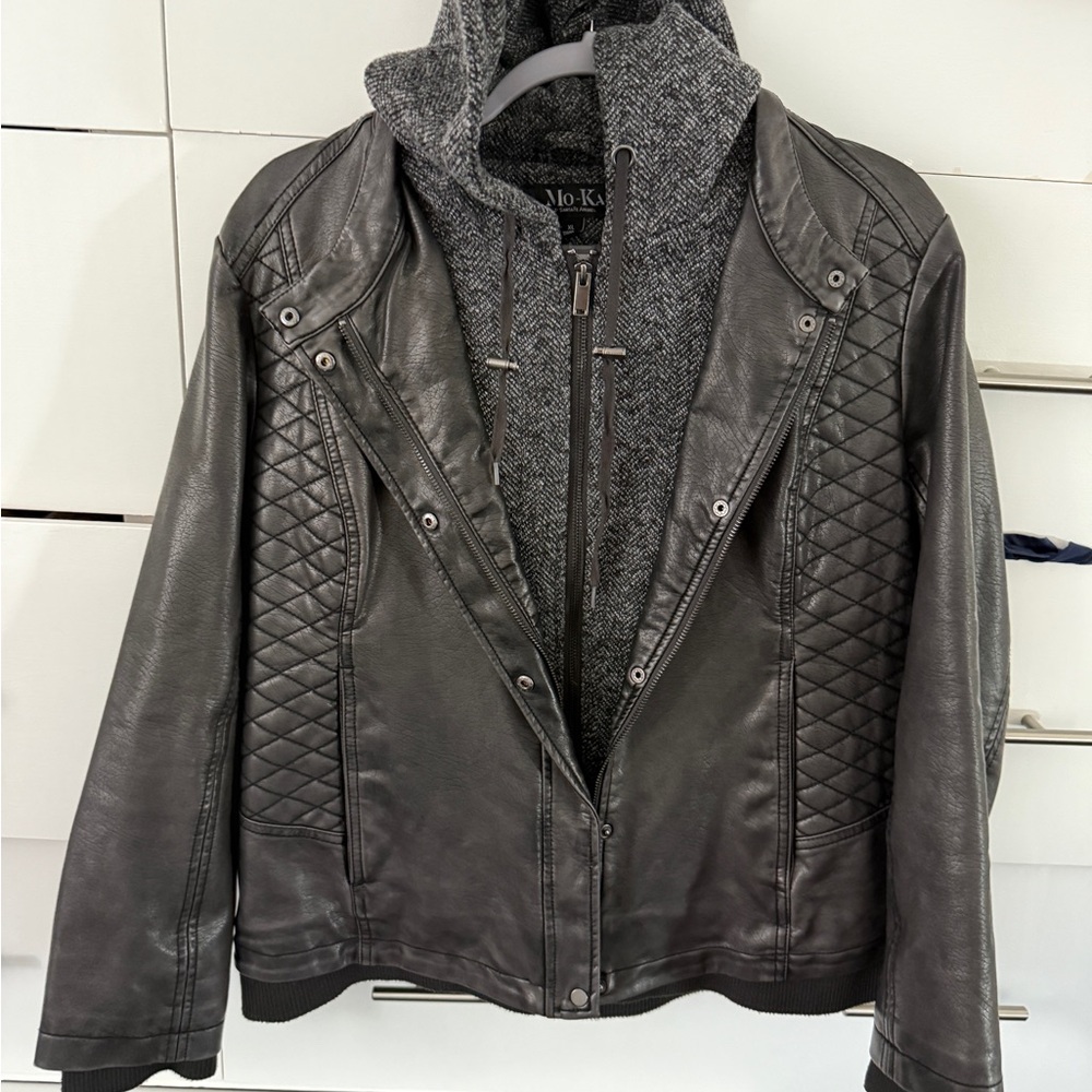 Mo-Ka XL Black Quilted Faux Leather Jacket Stitch Fix Hooded Double Zipper
